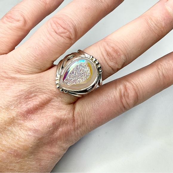 Sajen Sterling Silver Druzy Agate Ring Huge Adjustable - Picture 9 of 10